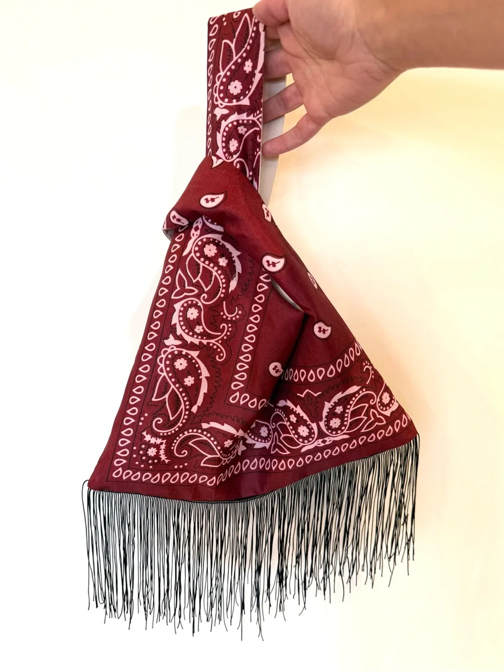 NEW Handmade Burgundy Bandana Paisley Japanese Knot Bag with Fringed Edge - Picture 3 of 6